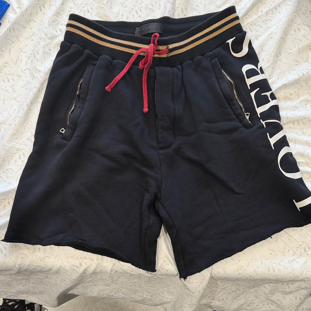 AMIRI Navy Athletic Shorts with Red Drawstring and Gold Waist Trim